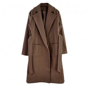 MVGIRLRU elegant Long Women's coat lapel 2 pockets belted Jackets solid color coats Female Outerwear